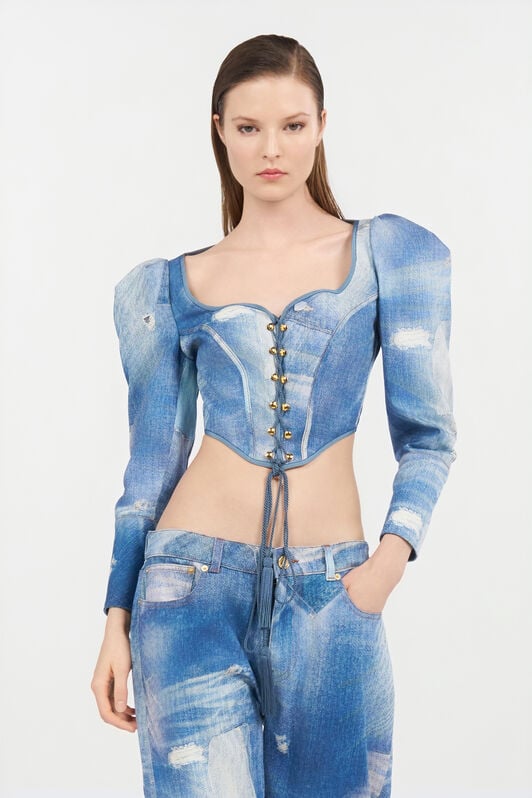 RC Denim Patchwork-Effect Corset with Lacing DARK BLUE WQJ404-DAR71