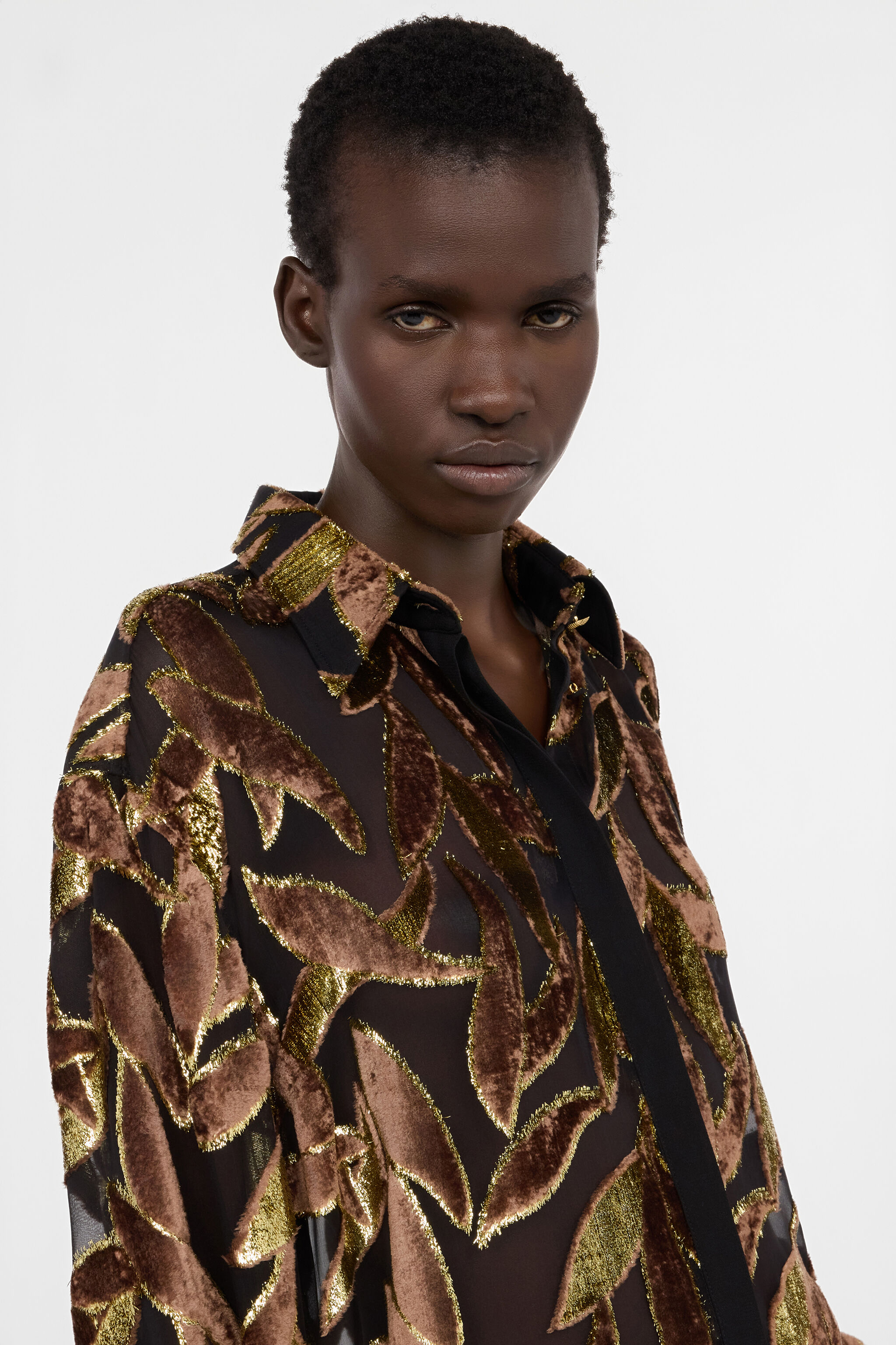 RC Chocolate Sheer Shirt with Foliage Motif CHOCOLATE WWT700-FC007