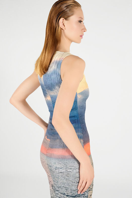 RC Langes Kleid mit Sunrise-Print Blau/Orange UWT109-4QN96