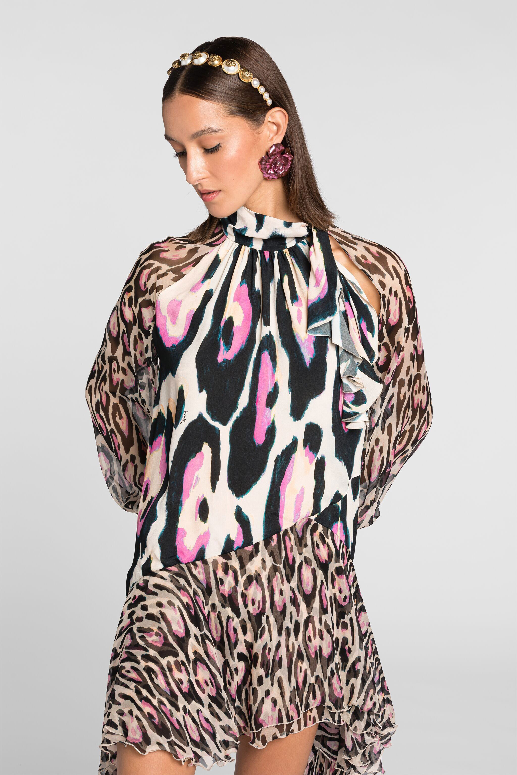 RC Jaguar-Print Ruffle-Trimmed Mini Dress ROSA QKT125-FVF54