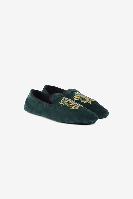 RC Mirror Snake Crest-Embroidered Velvet Slippers RC Mirror Snake Crest-Embroidered Velvet Slippers DARK GREEN PRS001-PZA95