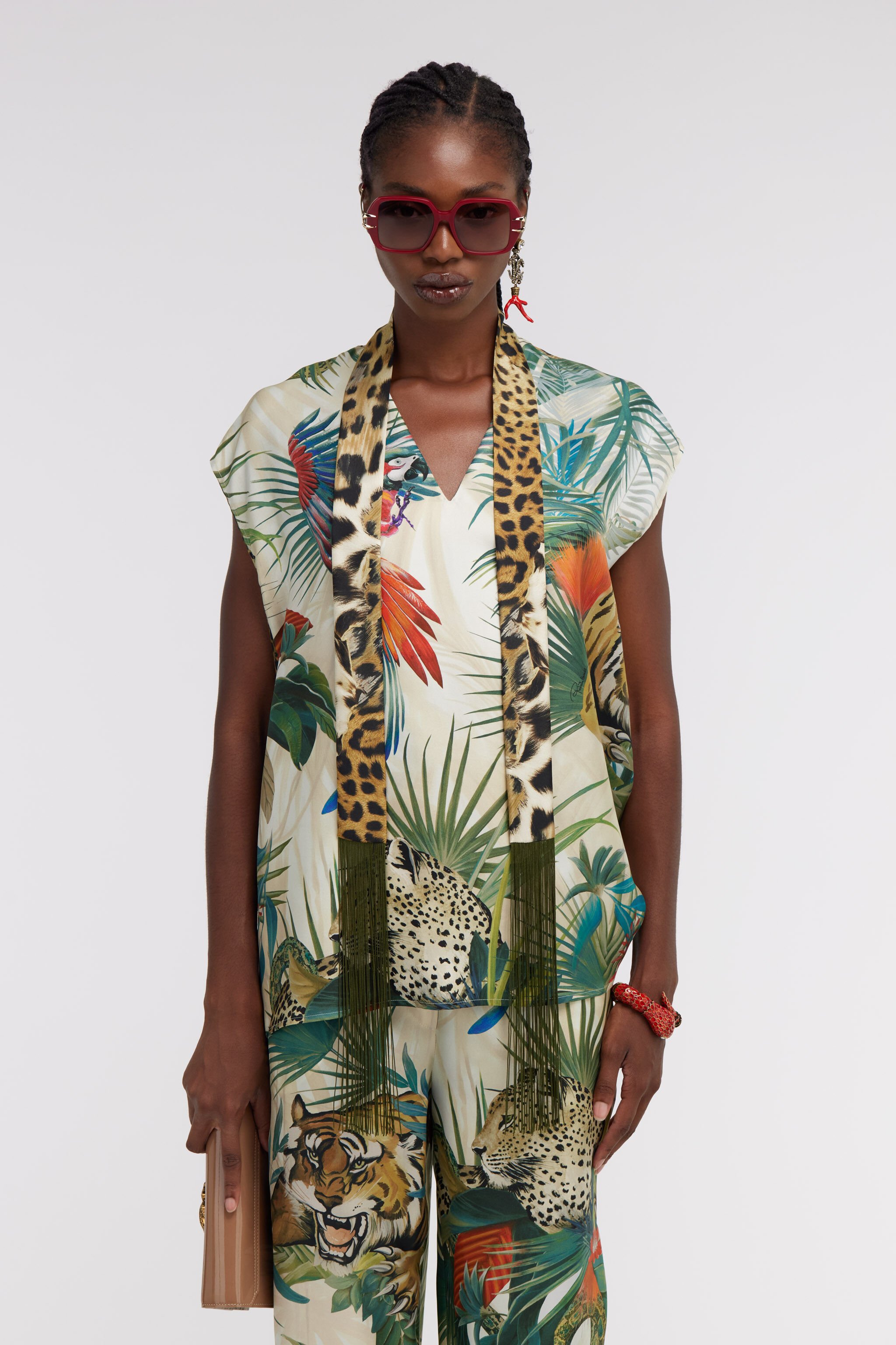 RC Jungle Print Silk Top With Scarf Detail Green SKT604-4QI88