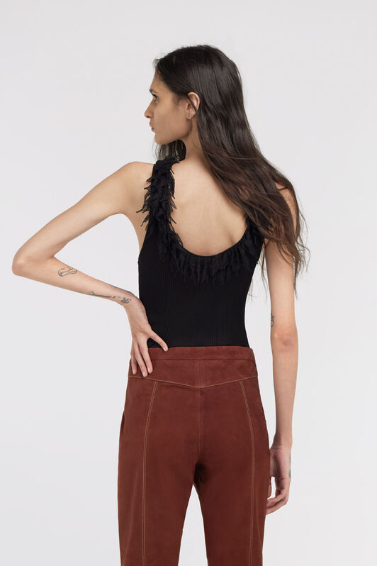 RC Black Ribbed Knit Top With Frayed Trim Black SWM601-MI001
