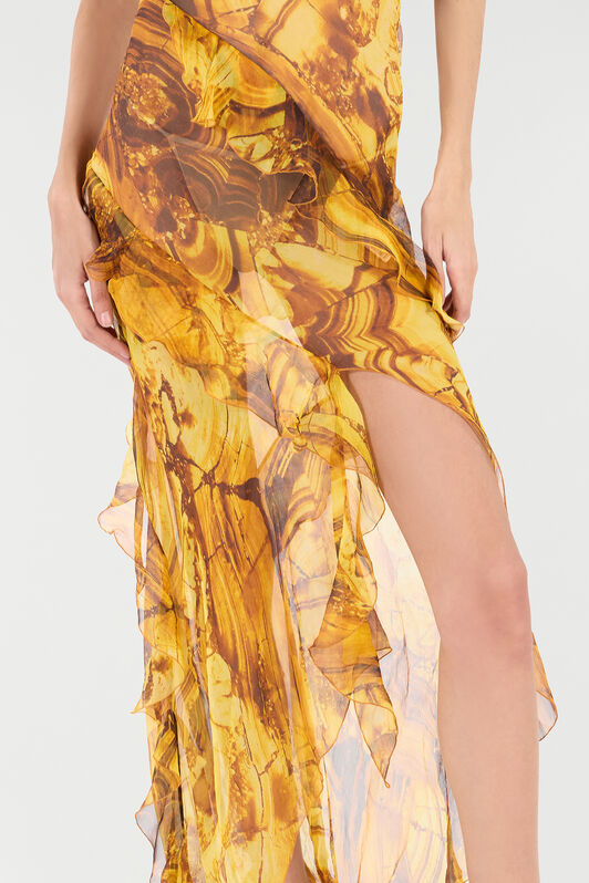RC Asymmetric Silk Dress with Amber Print Yellow VKT139-CKP74