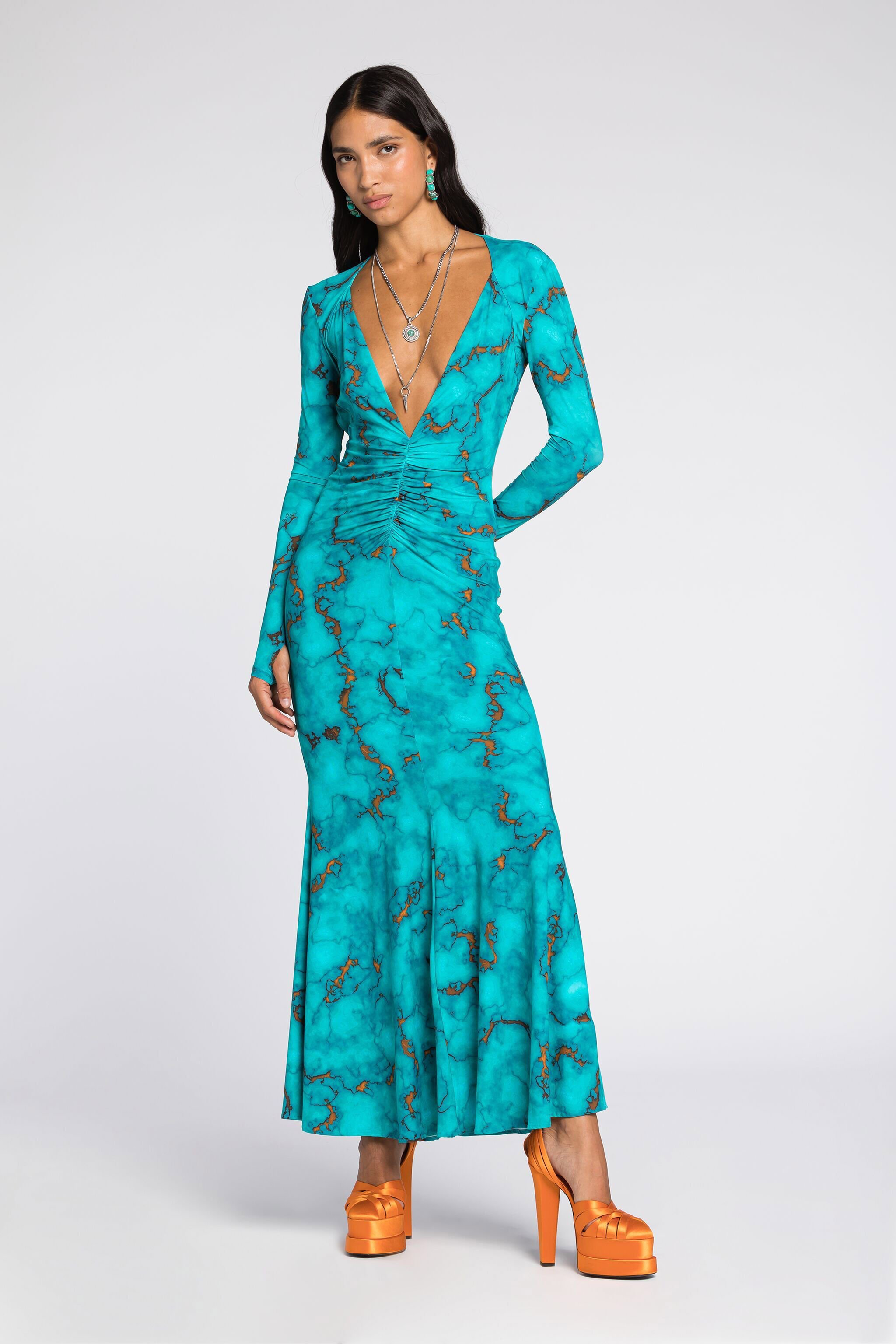 RC Robe ruchée à imprimé marbre Bleu clair RKT129-LNH62