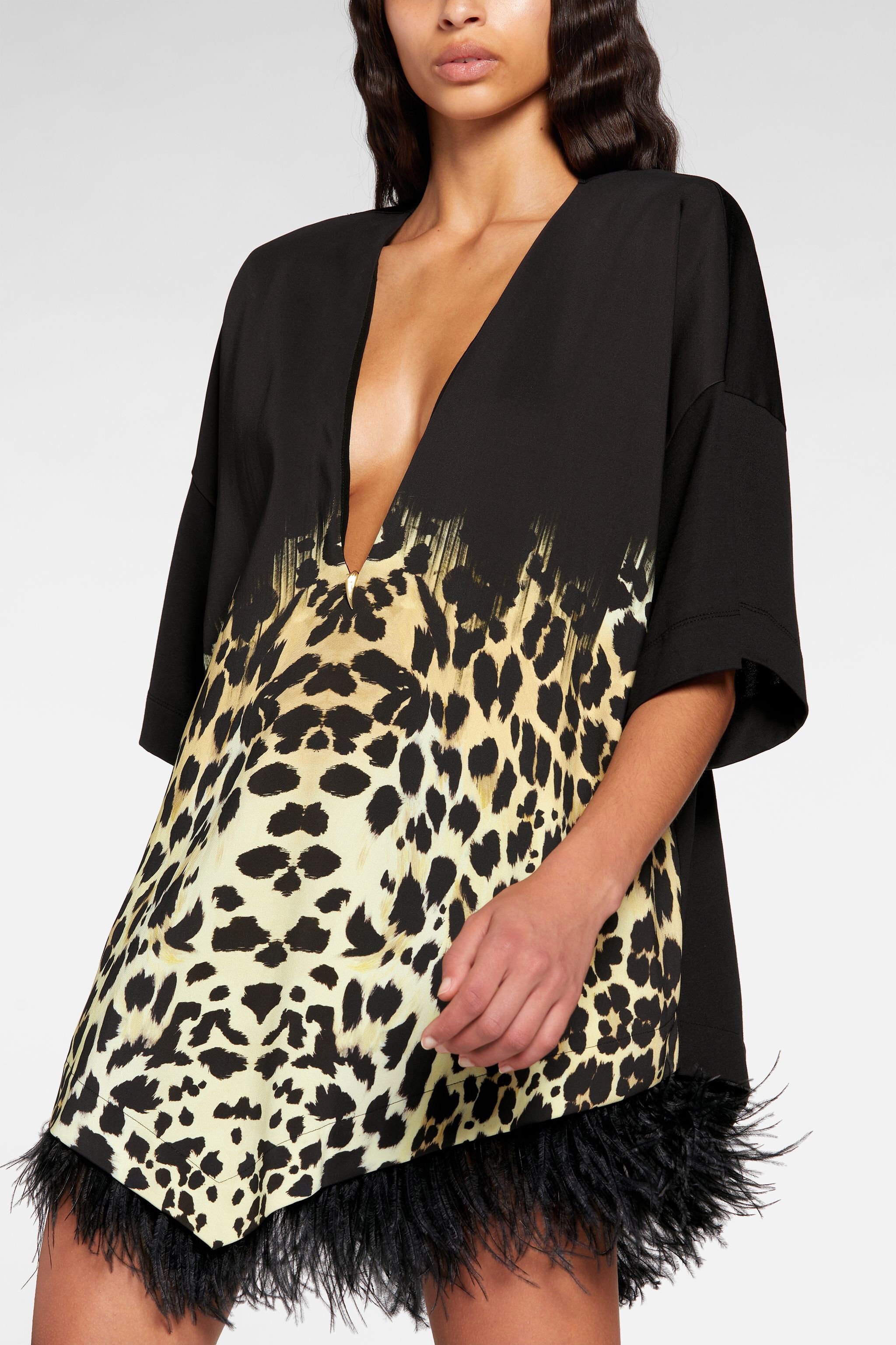 RC Queen Of Sicily-Print Feather-Trimmed Mini Dress Marrón claro NQR104-ORB78