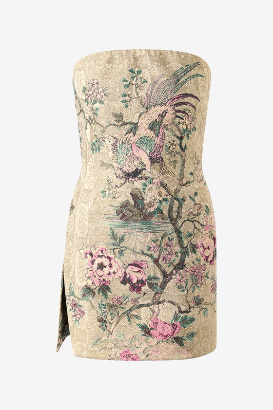 RC Mini Dress with Floral and Pheasant Motif Ivory/Pink VKT136-DJ084