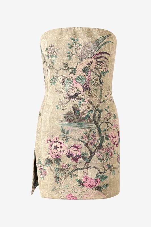 RC Mini Dress with Floral and Pheasant Motif RC Mini Dress with Floral and Pheasant Motif Ivory/Pink VKT136-DJ084