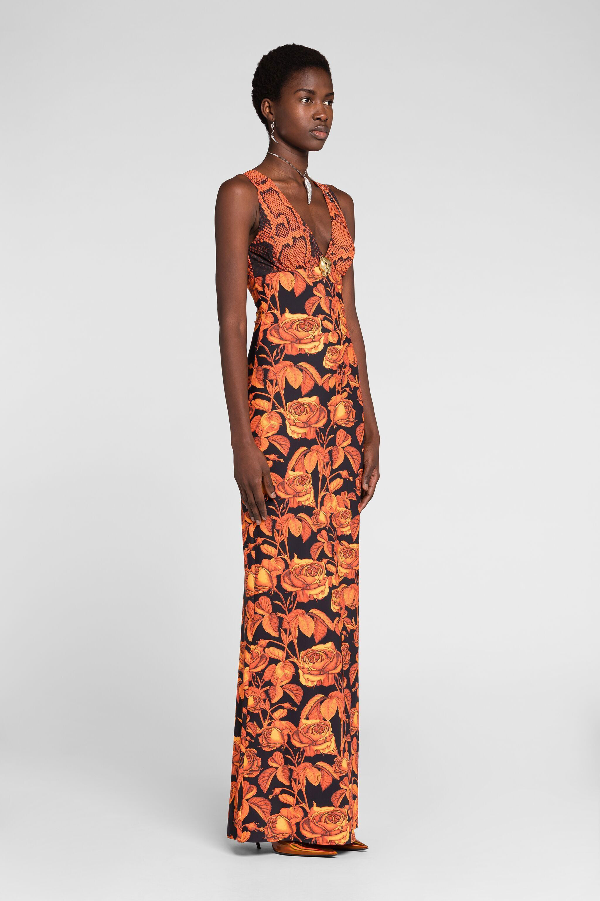 Python And Rose Print Maxi Dress in Orange for Women Roberto Cavalli