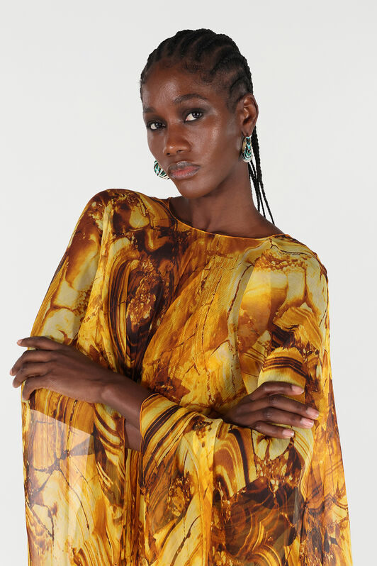 RC Caftan Dress in Silk with Amber Print RC Caftan Dress in Silk with Amber Print Yellow VKT140-CKP74