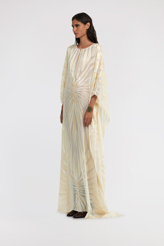 RC Satin caftan with Ray Of Gold print Ivory TKT103-HLI15