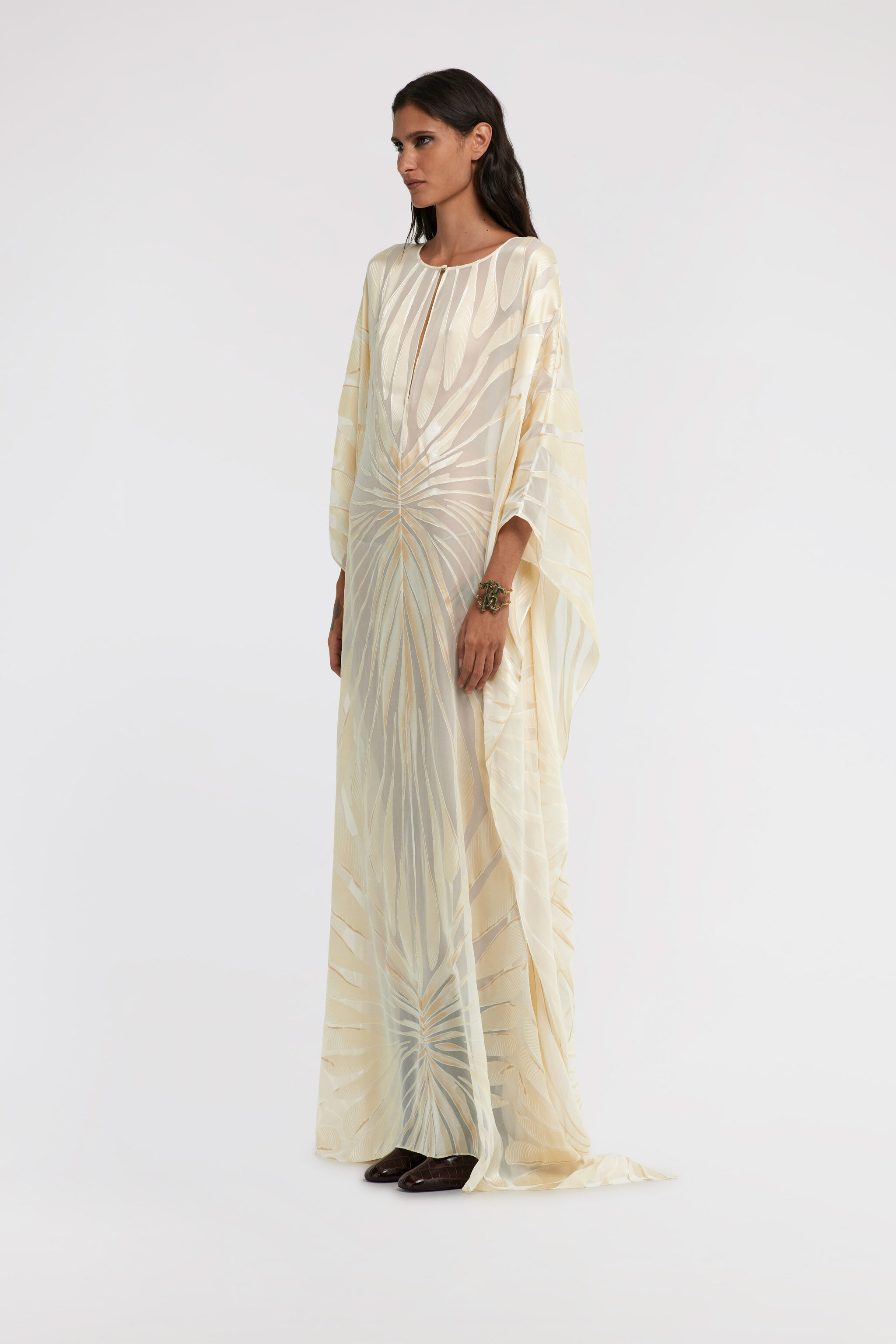 RC Satin caftan with Ray Of Gold print Ivory TKT103-HLI15
