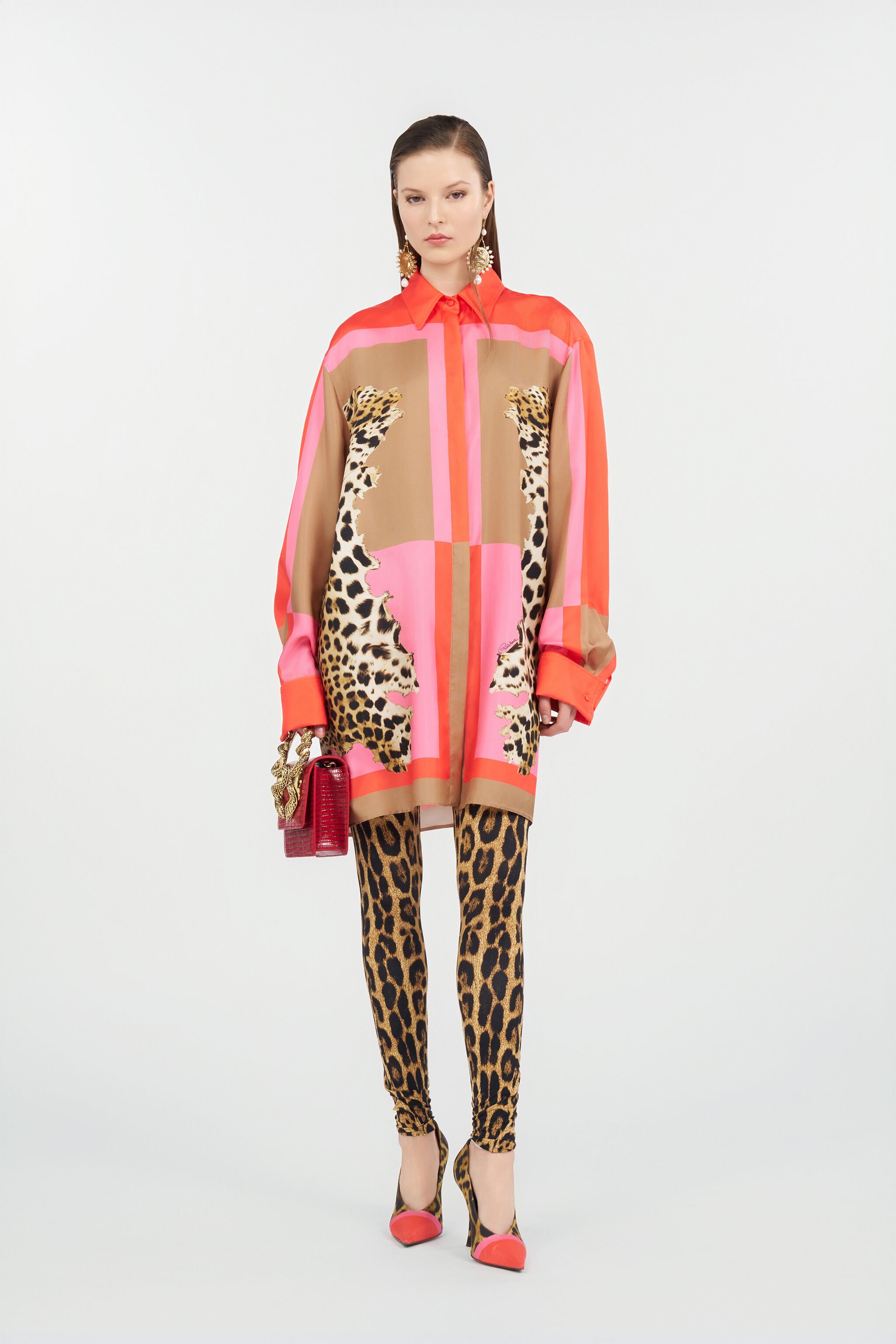 RC Cavalli Pop Print Silk Dress CORAL RED WQT160-OZR33