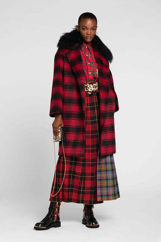 RC Shearling-Trimmed Tartan Coat Red PKT502-FE017