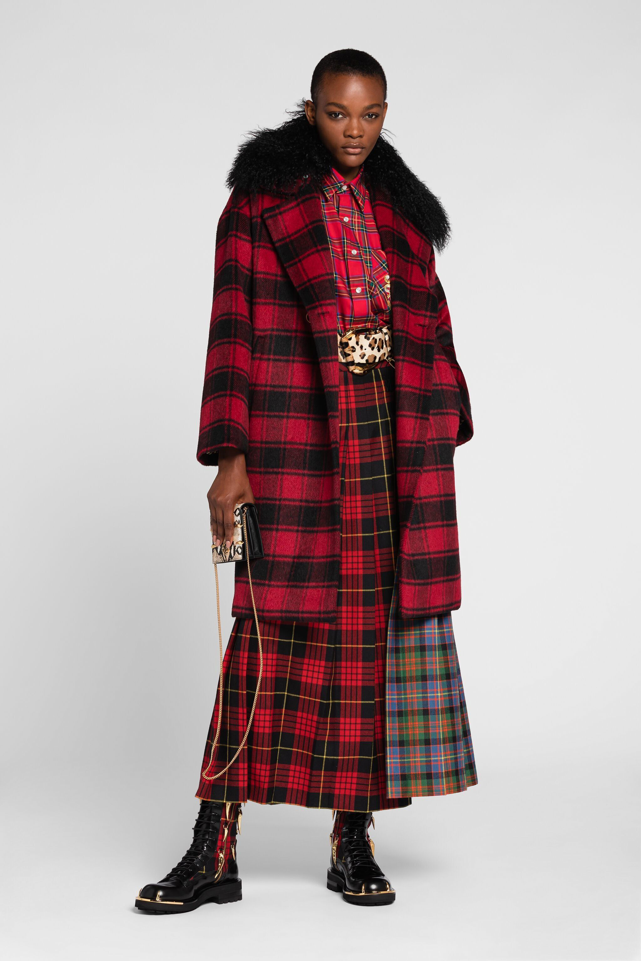 RC Shearling-Trimmed Tartan Coat Red PKT502-FE017