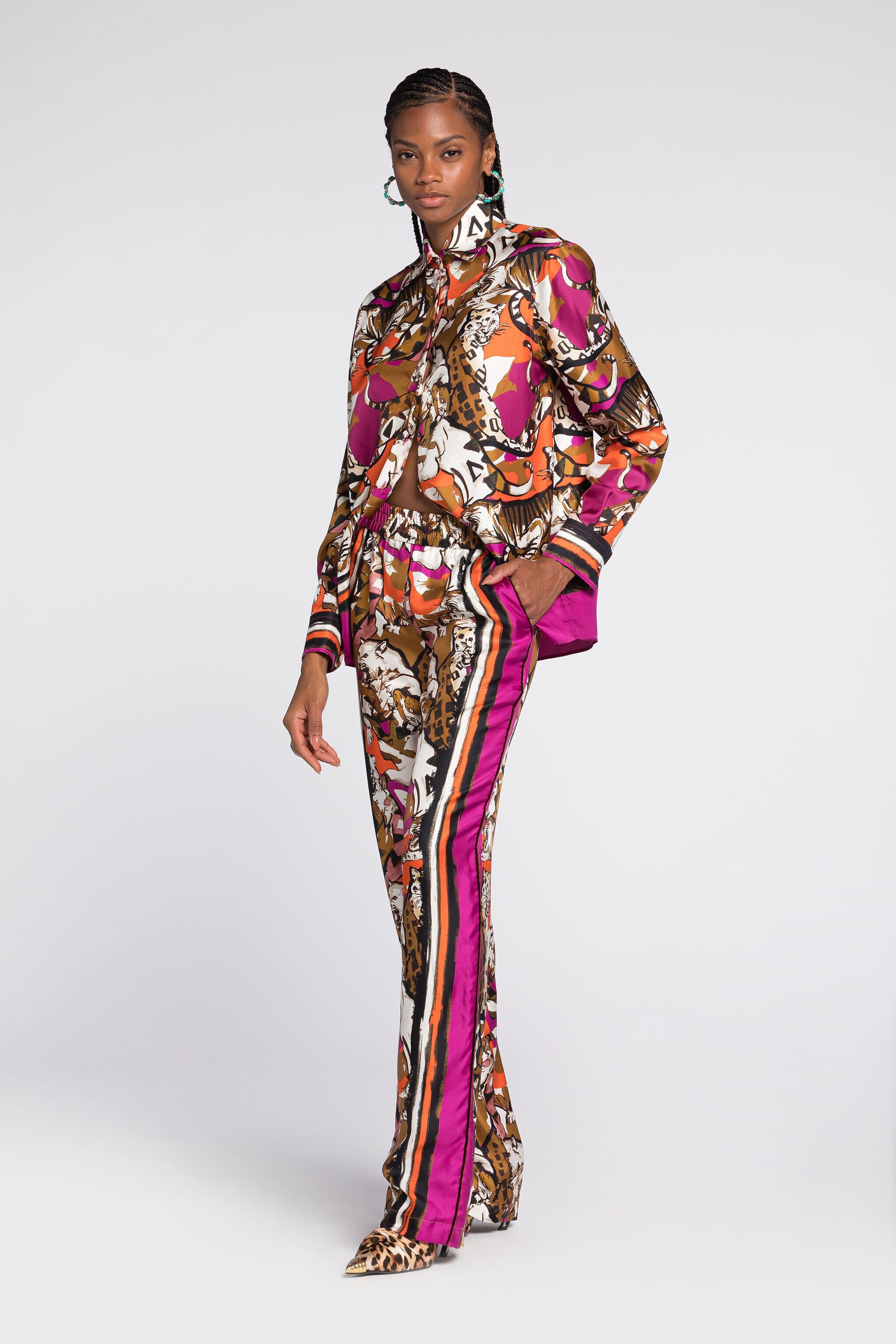 RC Wild Cat-Print Silk Trousers Purple RKT210-4QH06
