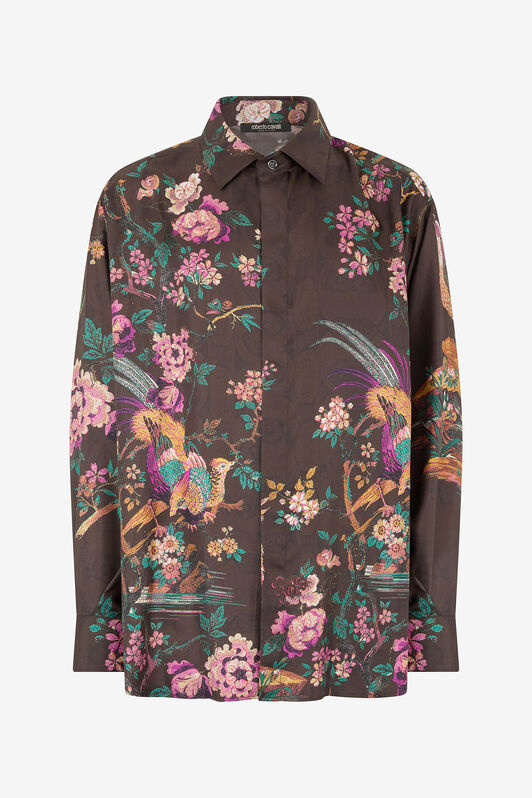 RC Silk Shirt with Flower and Pheasant Print Marrón VRT721-OZP76