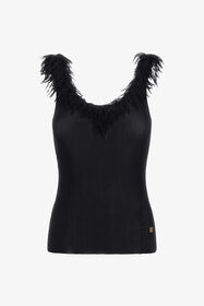 ${brand} Schwarzes Rippstrick-Top Mit Gefranstem Rand ${colorDescription} ${masterID}