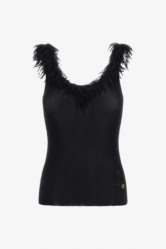 RC Black Ribbed Knit Top With Frayed Trim Black SWM601-MI001