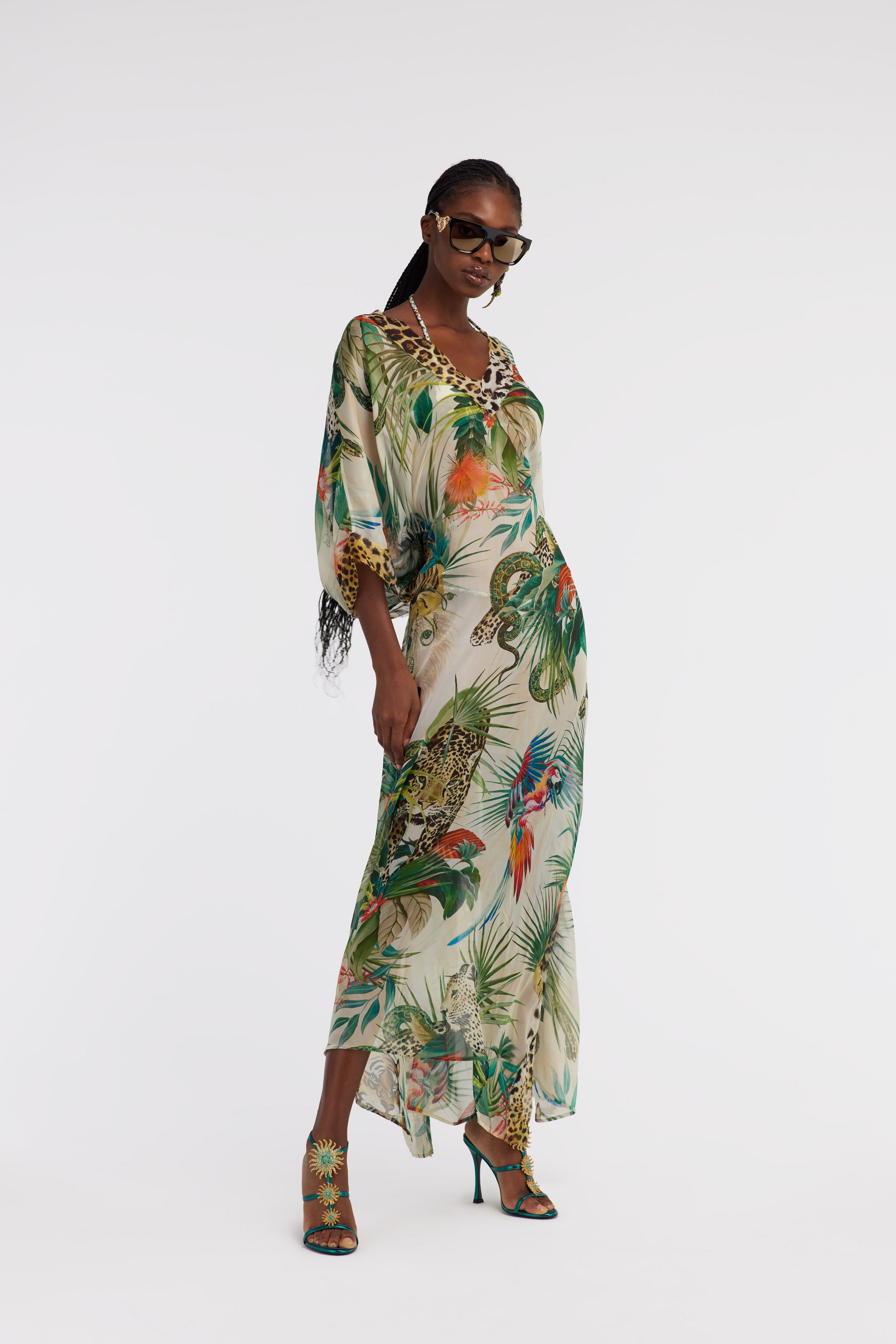 RC Jungle Print Kaftan In Silk Green SYW051-CTI88