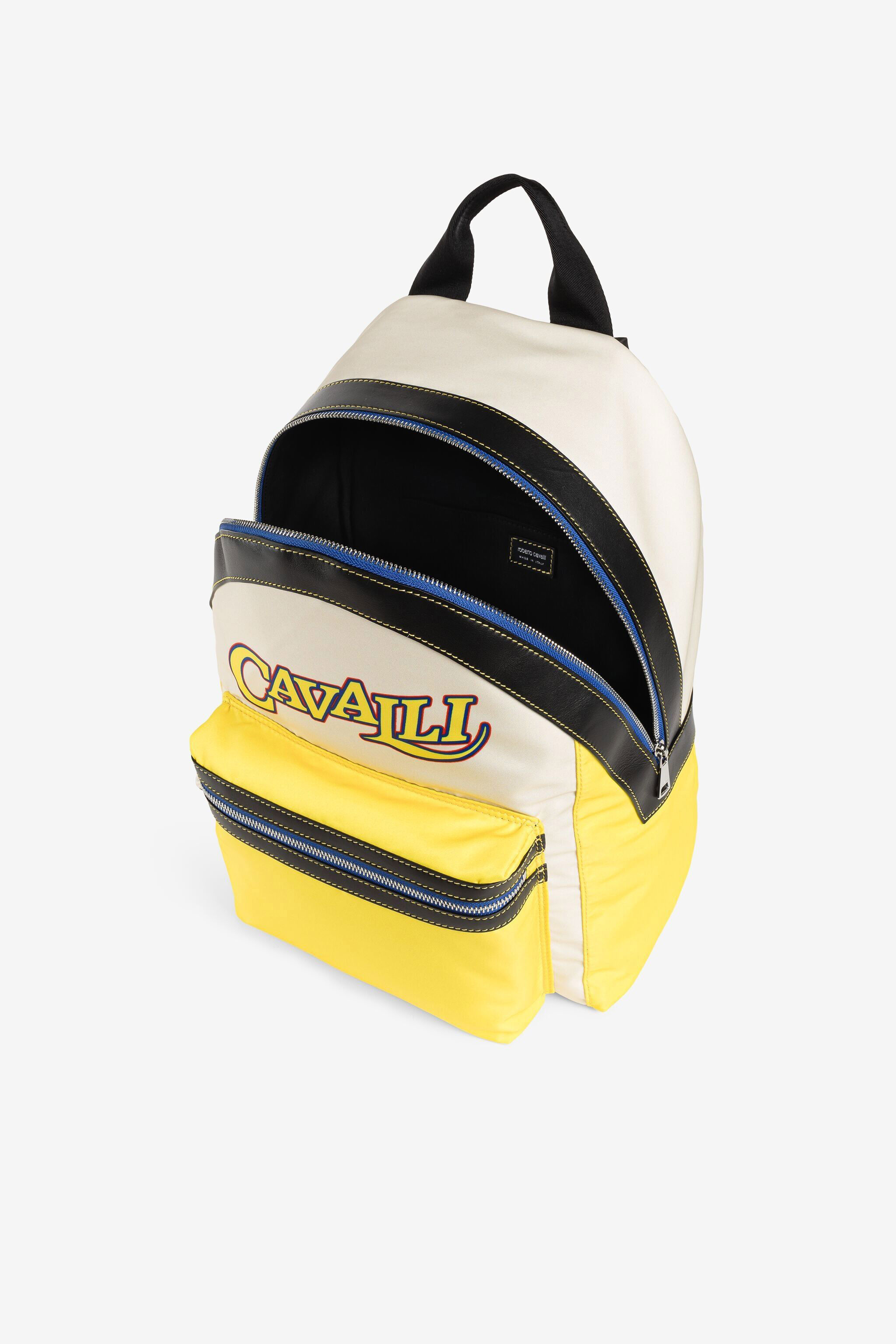 Logo print panelled backpack in Ivory Yellow for Men Roberto Cavalli