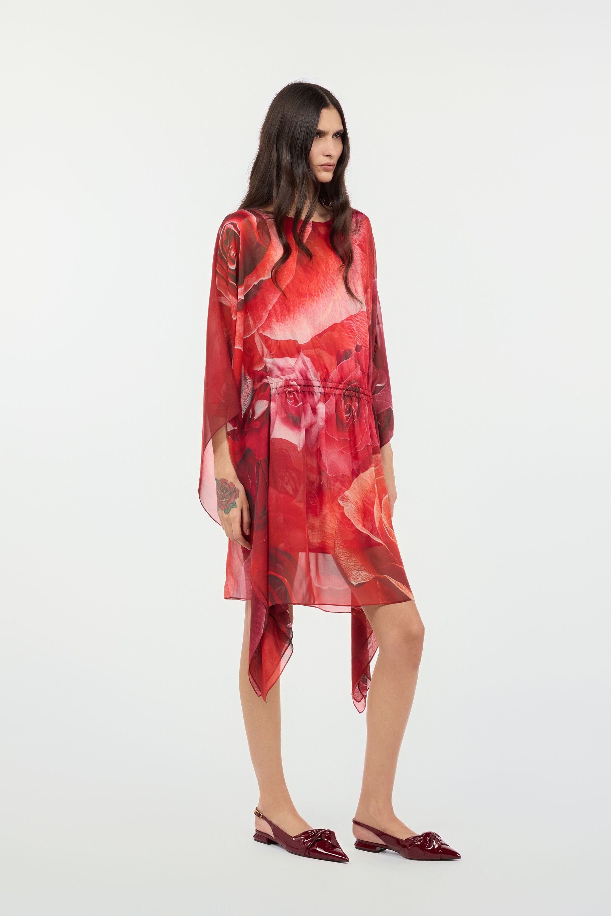 RC Silk Caftan With Garden Rose Print Red UKW012-HNN48