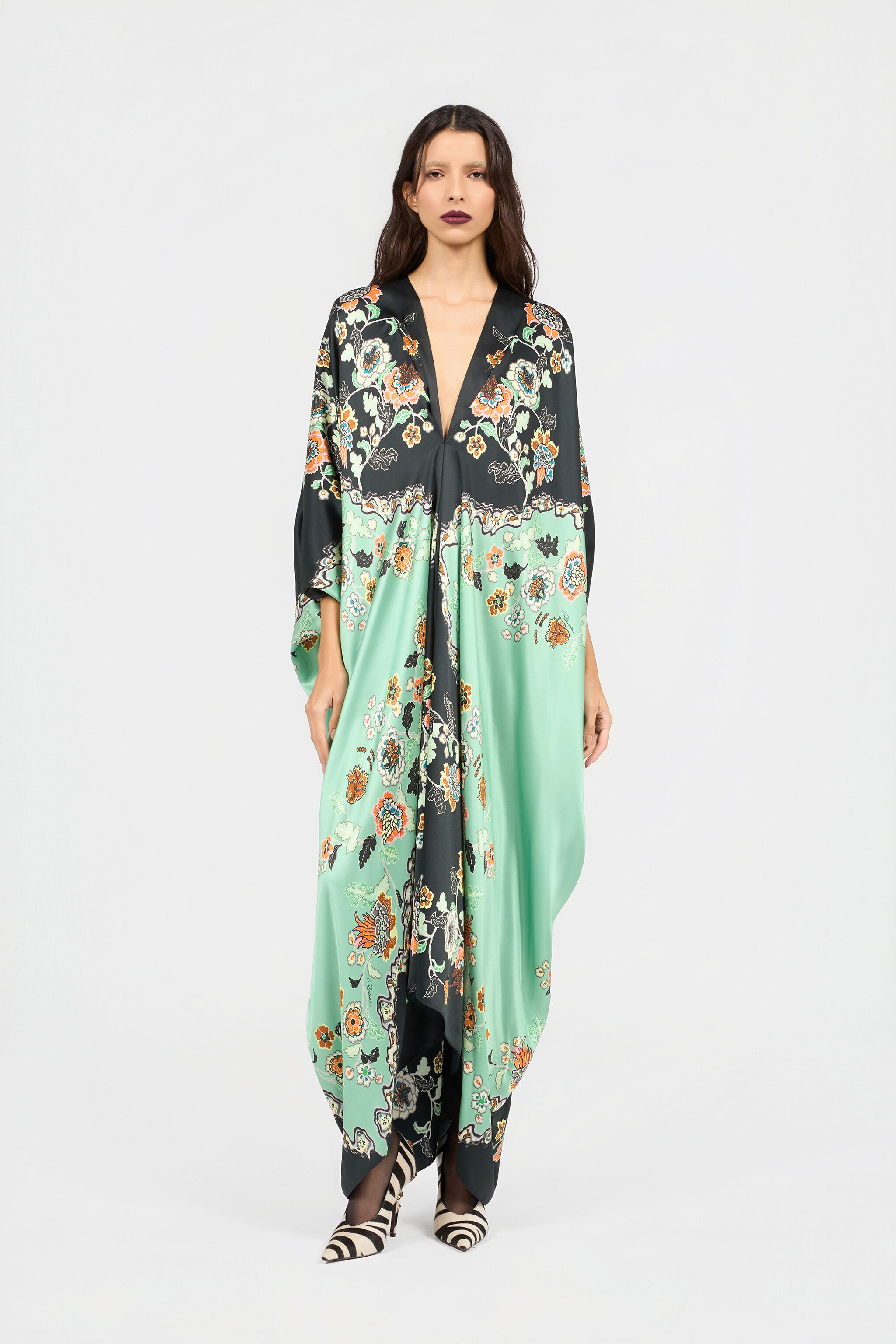 RC Silk Kaftan Dress With Kimono Print GREEN/BLACK XQT181-RYT25