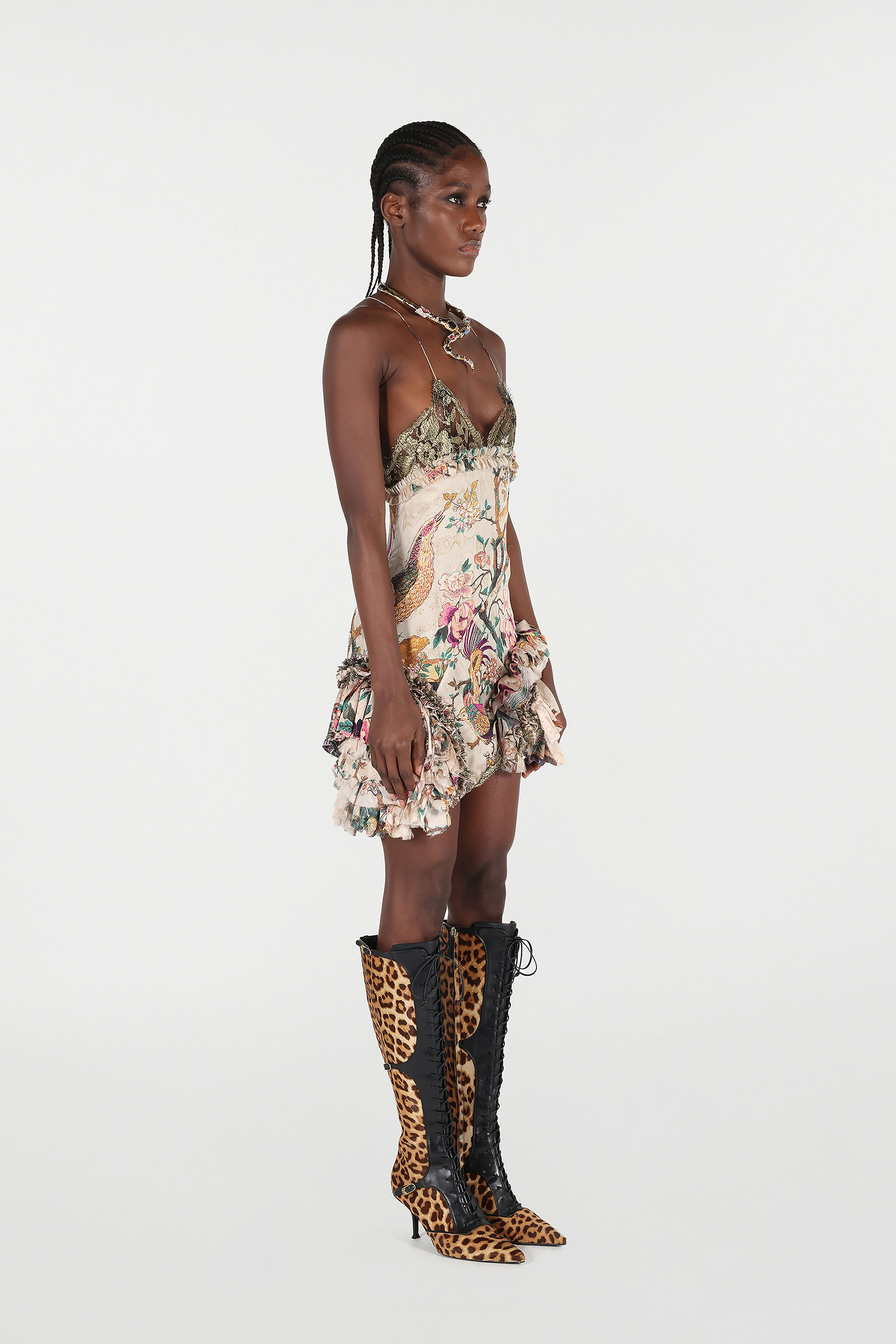 RC Mini Dress with Floral and Pheasant Print Ivory/Pink VKT132-CTP76