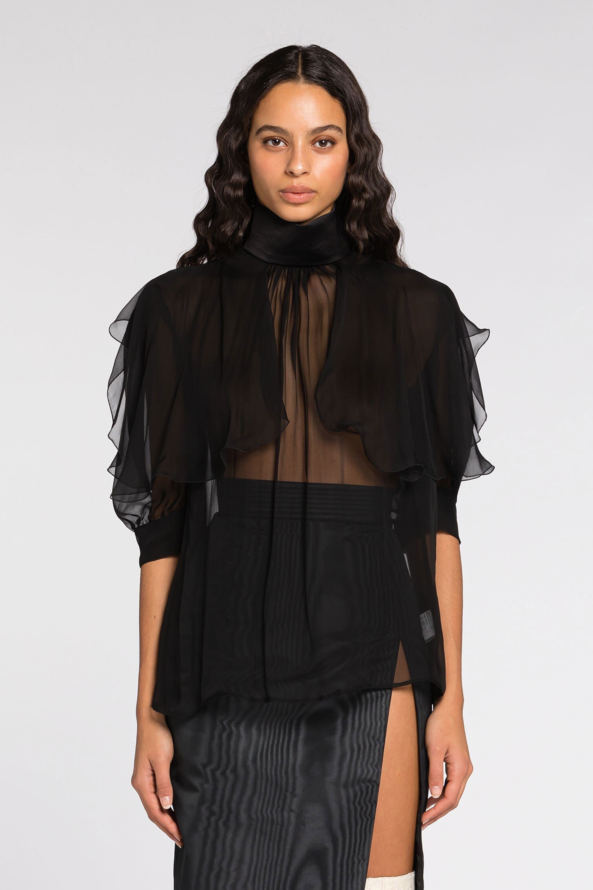 RC Blouse en soie froncée Noir QWT701-CC001