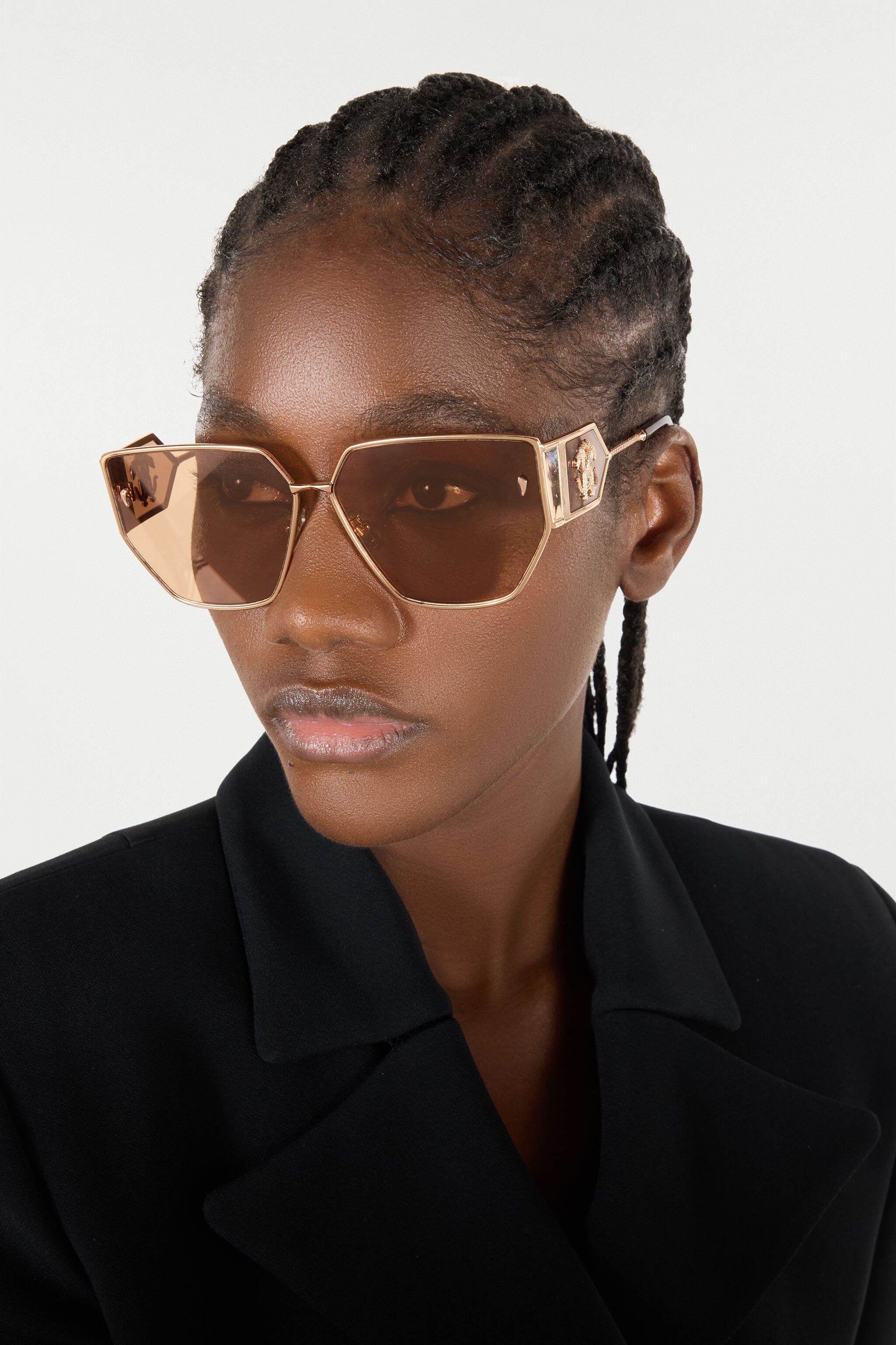 RC Sunglasses with wide shape front, metal fangs embellishment Brown ALD026-ID184