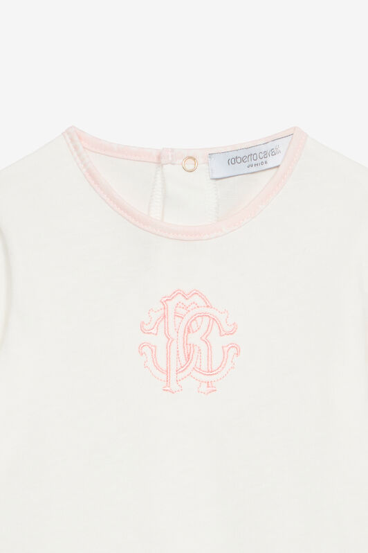 JU Ensemble Bonnet, Bavoir Et Grenouillère Avec Monogramme RC Et Logo Rose UJT817-JD001