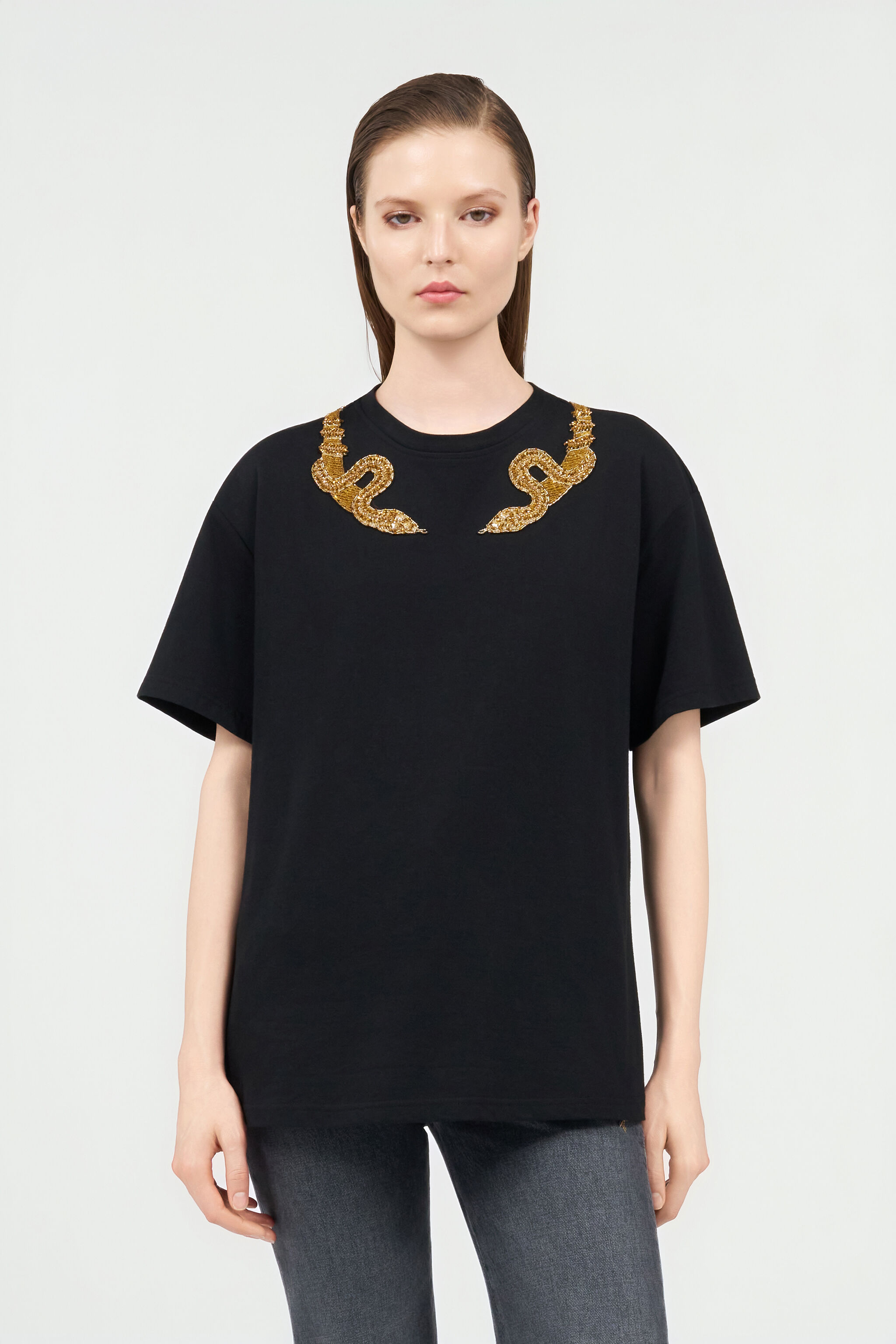 Black T-Shirt with Snake Embroidery in BLACK for Women | Roberto