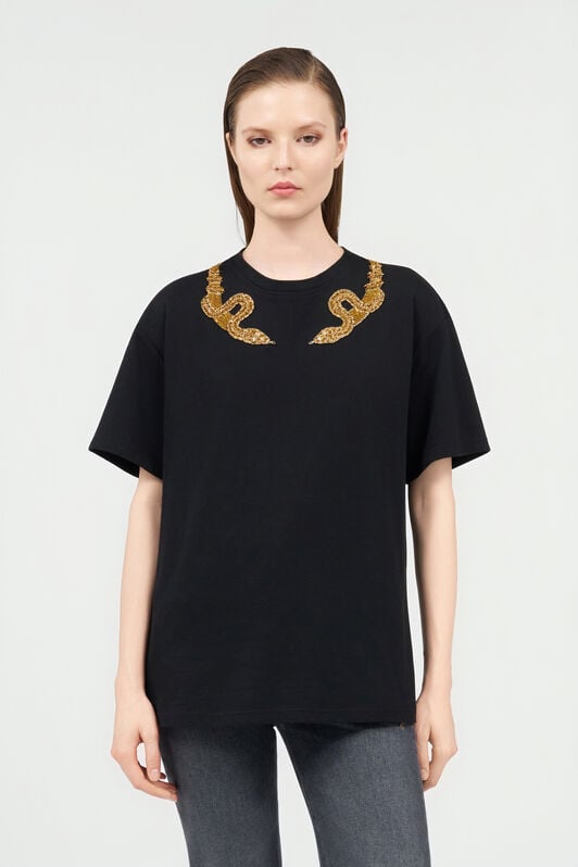 RC T-Shirt Nera con Ricamo Serpenti BLACK WKR64C-JD084