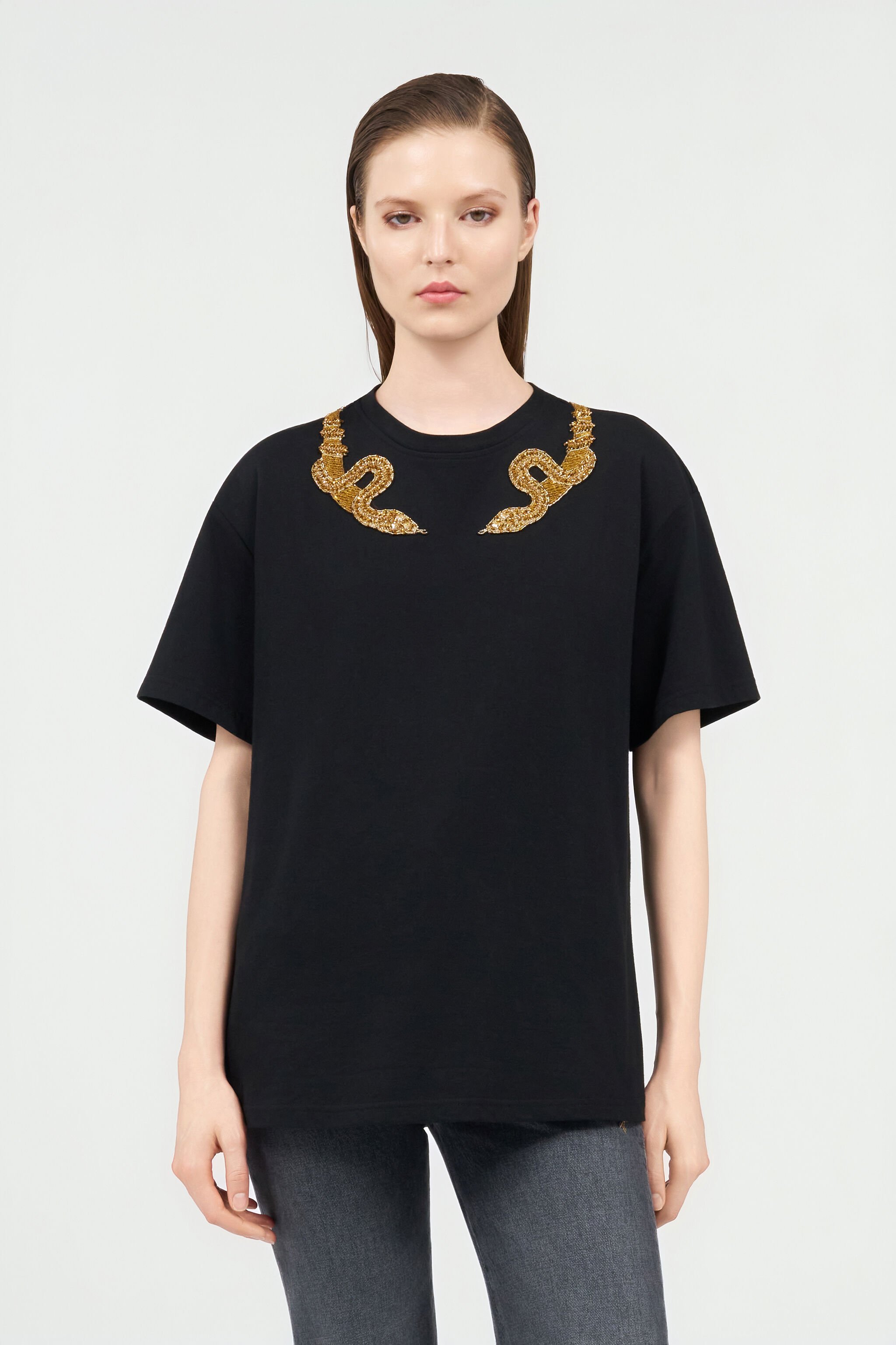 RC T-Shirt Nera con Ricamo Serpenti BLACK WKR64C-JD084