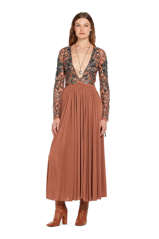 RC Kleid mit V-Ausschnitt und Pailletten Braun IWR122-RT033