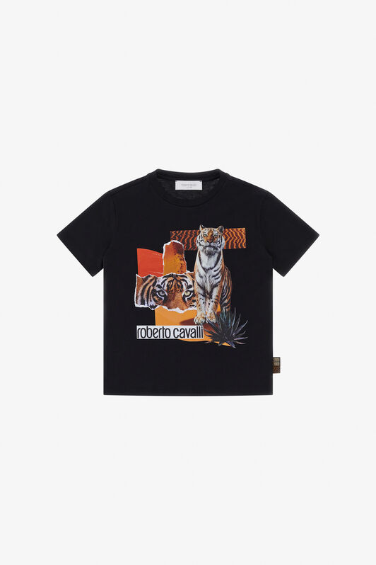 JU T-Shirt with Tiger Print and Logo Black TJT60K-JD001
