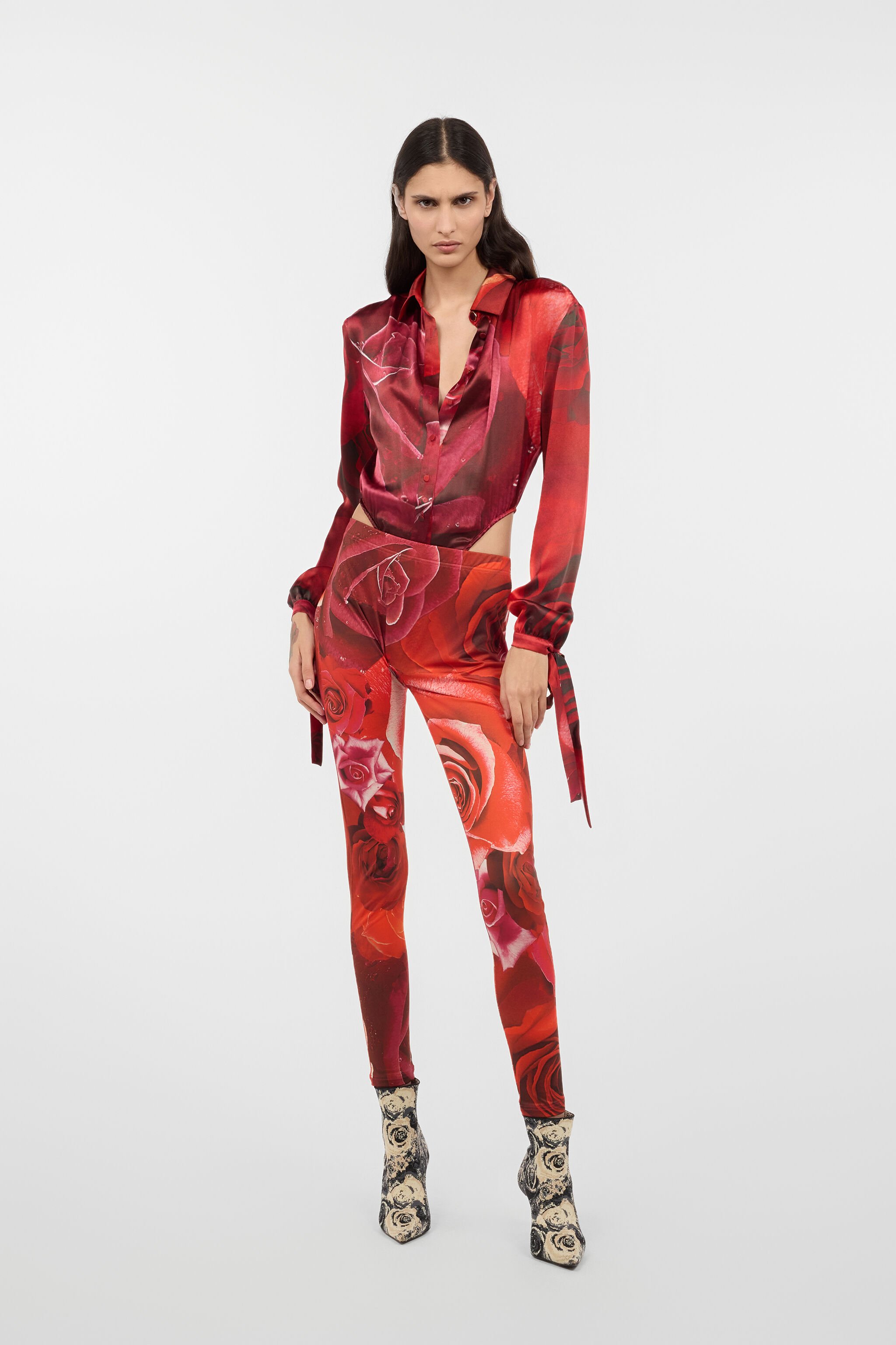 RC Bodysuit Shirt With Garden Rose Print Red UKT706-RYN48