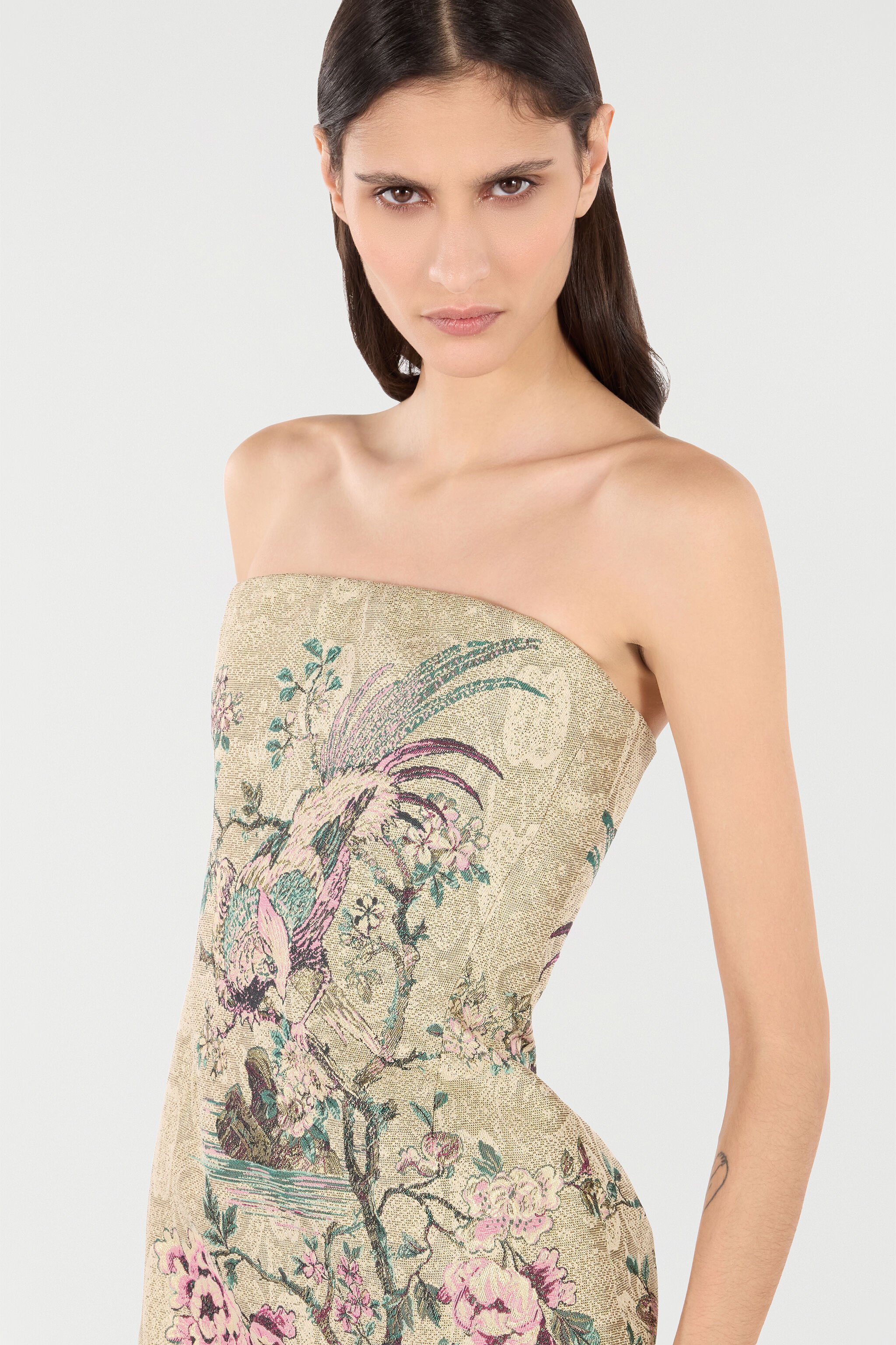 RC Mini Dress with Floral and Pheasant Motif Ivory/Pink VKT136-DJ084