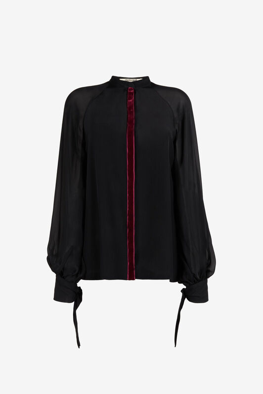 RC Velvet-Trimmed Silk Top Black OKT700-SY001