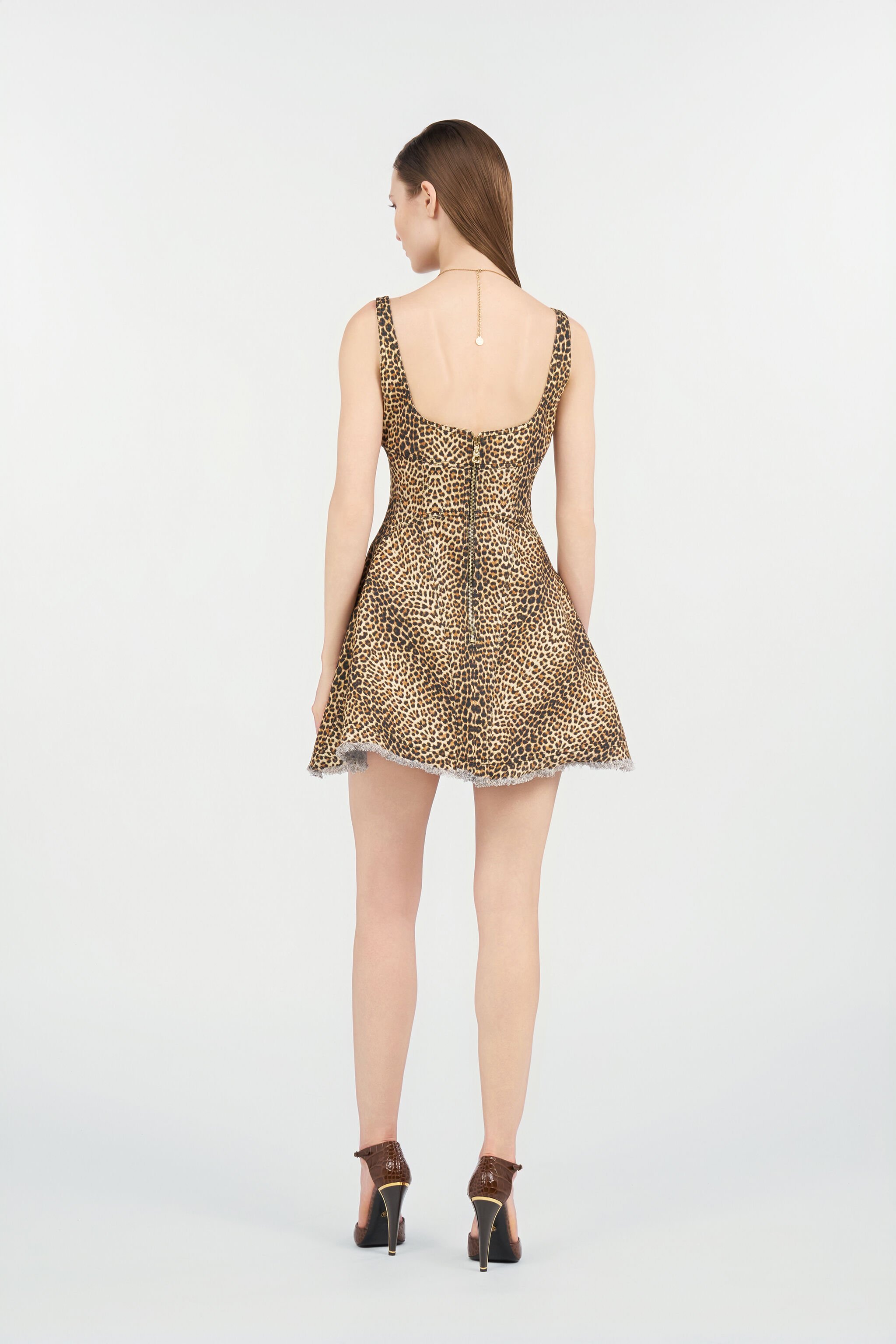 RC Flared Dress with Bbay Jaguar Print and Frayed Edges RC Flared Dress with Bbay Jaguar Print and Frayed Edges BROWN WQJ106-DAR31