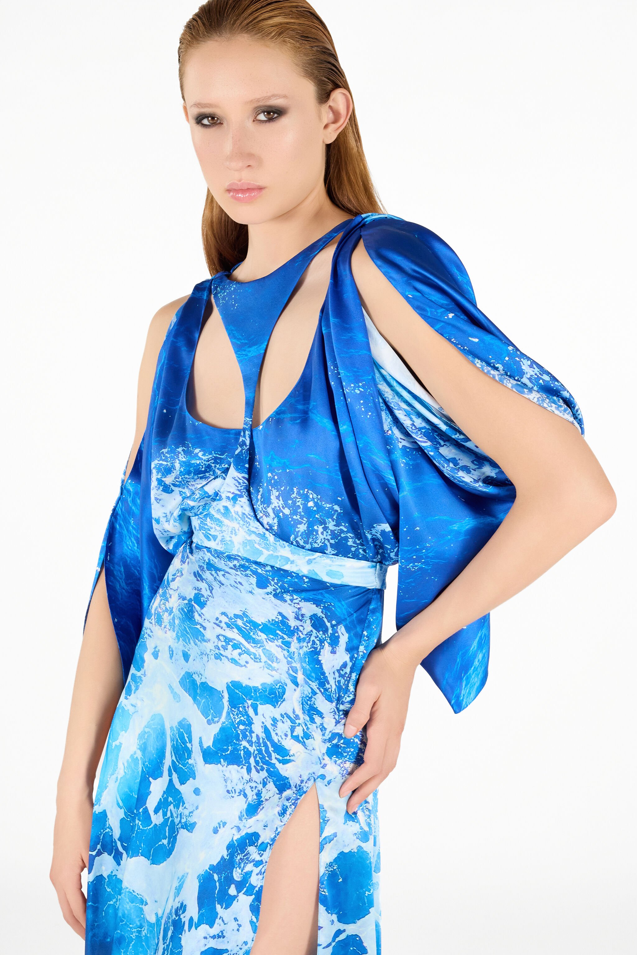 RC Langes Kleid mit Stretto di Messina Print Blau UWT104-RYN94