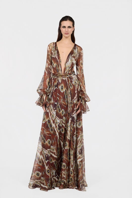 RC Night Butterfly Print Maxi Dress BROWN XQT125-CKT27
