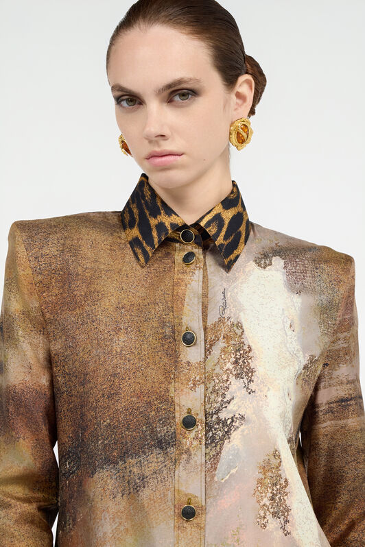 RC Beige Silk Shirt Dress with Marble Print Marron clair VWT111-OZQ74