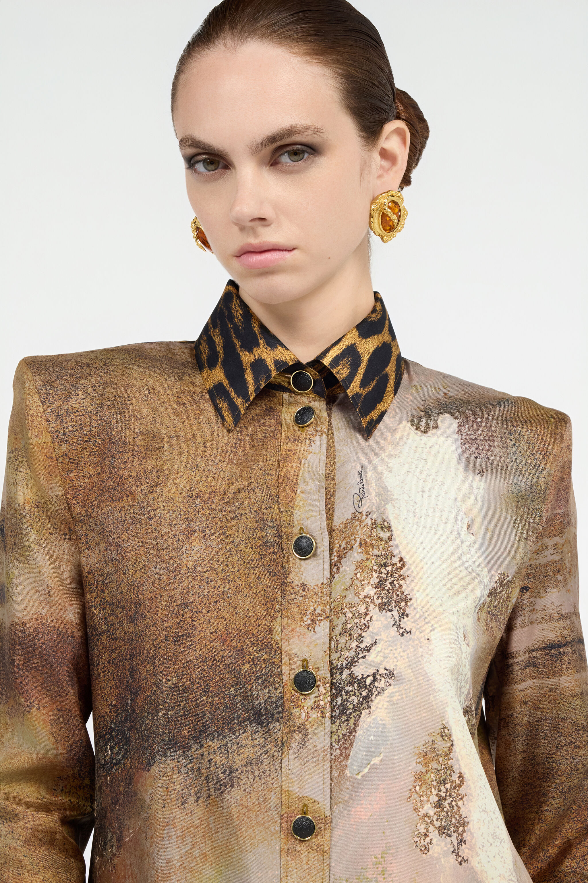 RC Beige Silk Shirt Dress with Marble Print Marron clair VWT111-OZQ74