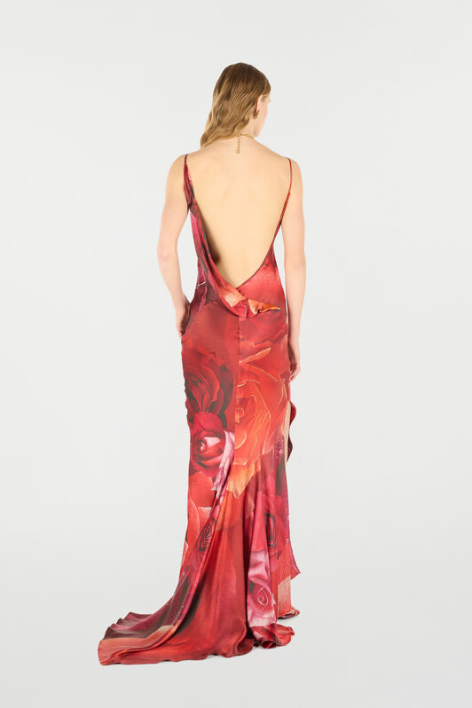 RC Long Dress With Rose Print And Bejeweled Tiger Red UKT128-RYN48