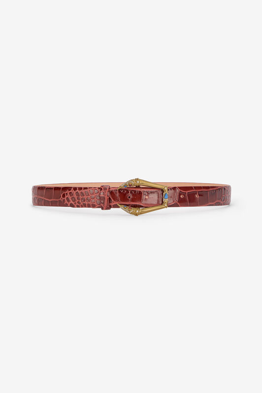 RC Crocodile-Effect Belt with Jewel Buckle Brown VKC003-PZ579