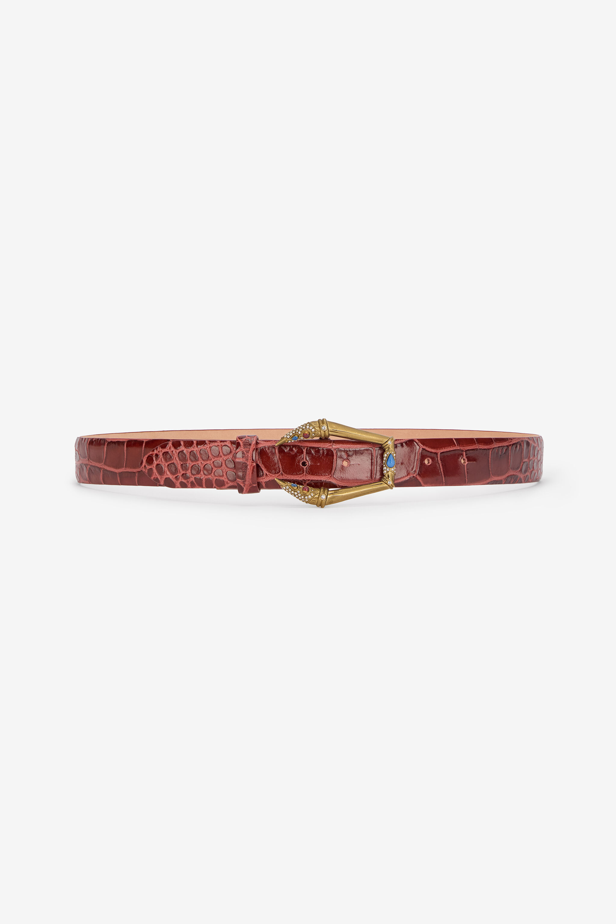 RC Crocodile-Effect Belt with Jewel Buckle Brown VKC003-PZ579