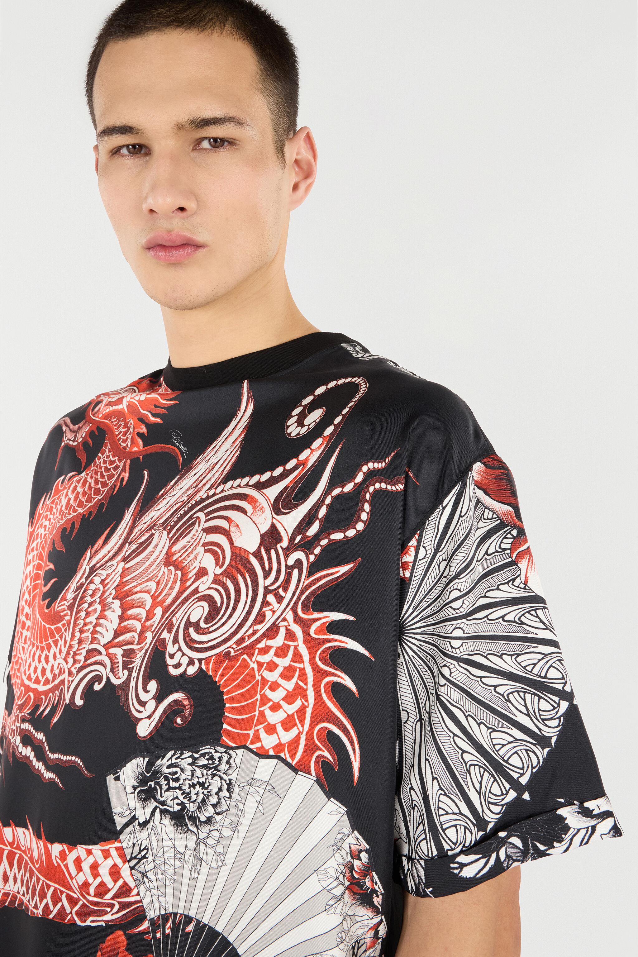 RC Silk and Cotton T-Shirt with Dragon Black/Red VNT62F-OZP75