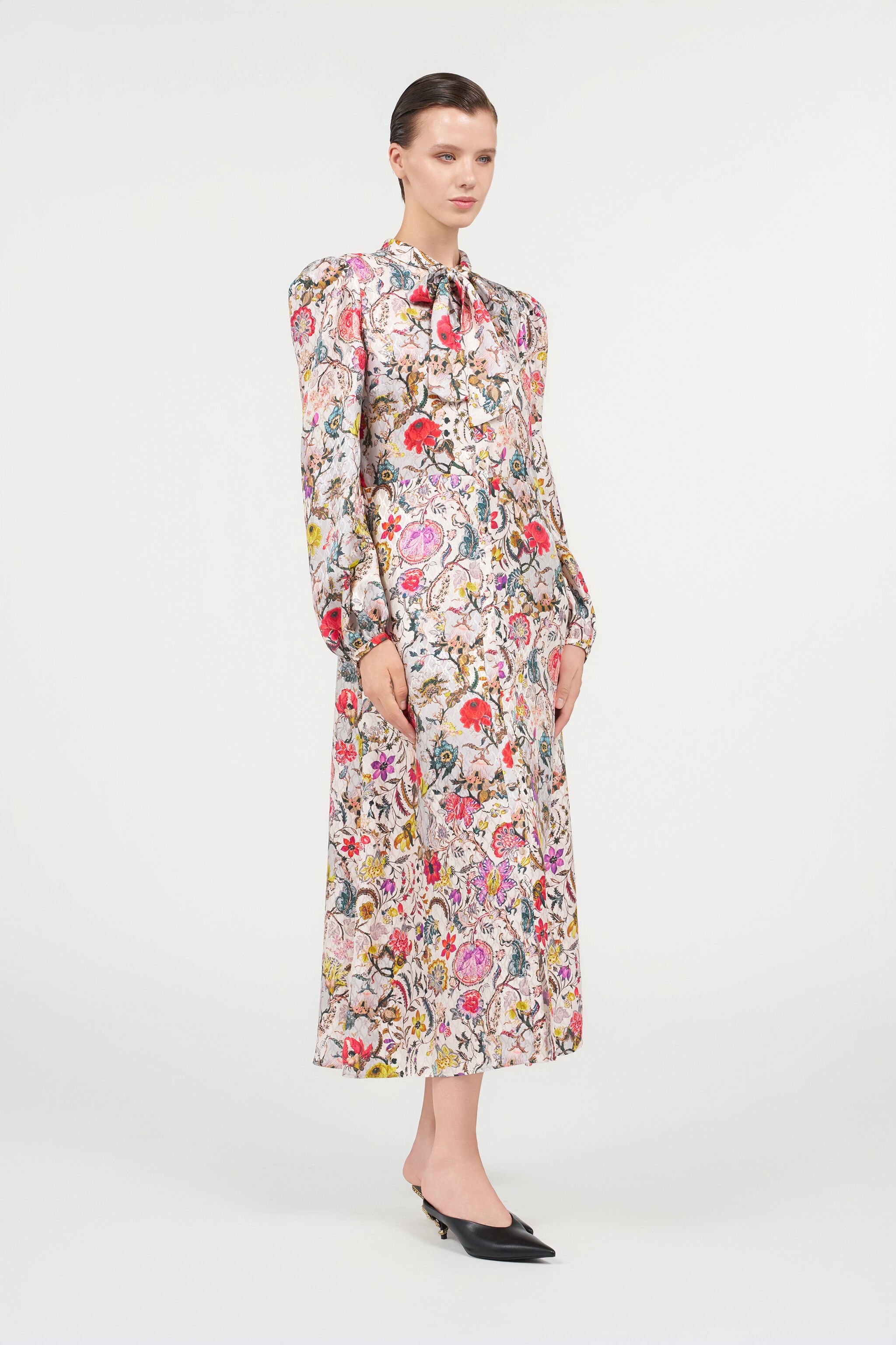 RC Long Silk Dress with Florentine Flowers Print BEIGE WQT112-RYR29