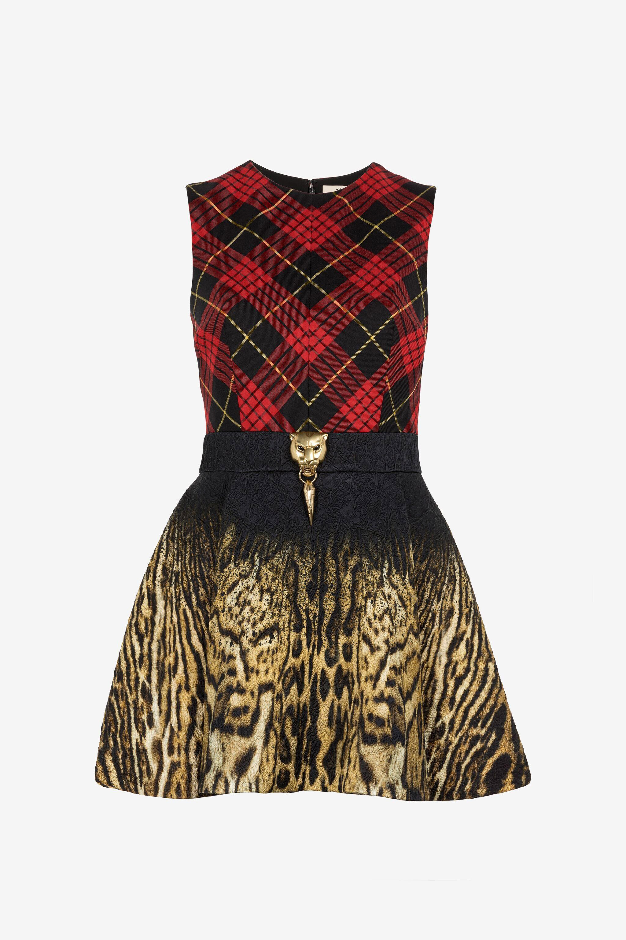 RC Tartan And Ocelot-Print Mini Dress Light brown/Red PKT113-FY048
